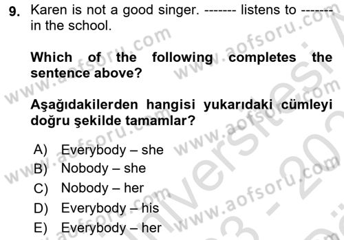 İngilizce 2 Dersi 2023 - 2024 Yılı (Vize) Ara Sınav Soruları 9. Soru