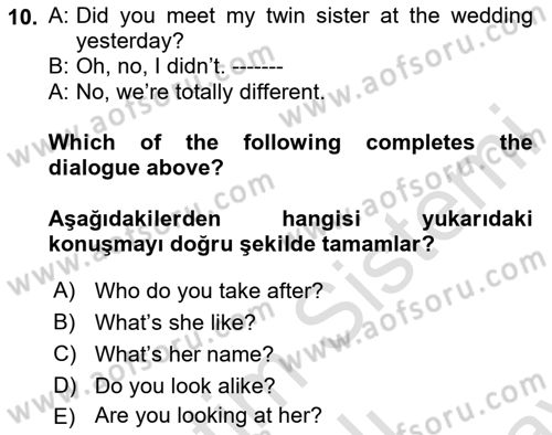 İngilizce 2 Dersi 2023 - 2024 Yılı (Final) Dönem Sonu Sınav Soruları 10. Soru