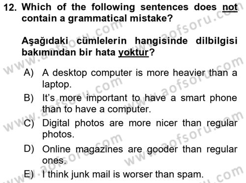 İngilizce 2 Dersi 2023 - 2024 Yılı (Final) Dönem Sonu Sınav Soruları 12. Soru