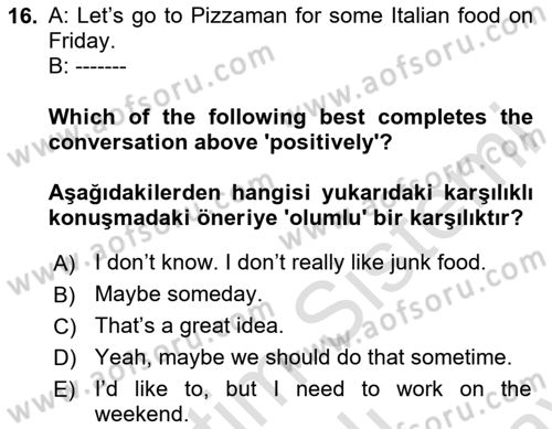 İngilizce 2 Dersi 2023 - 2024 Yılı (Final) Dönem Sonu Sınav Soruları 16. Soru