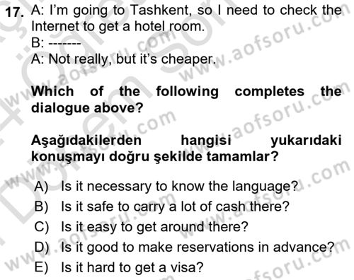 İngilizce 2 Dersi 2023 - 2024 Yılı (Final) Dönem Sonu Sınav Soruları 17. Soru