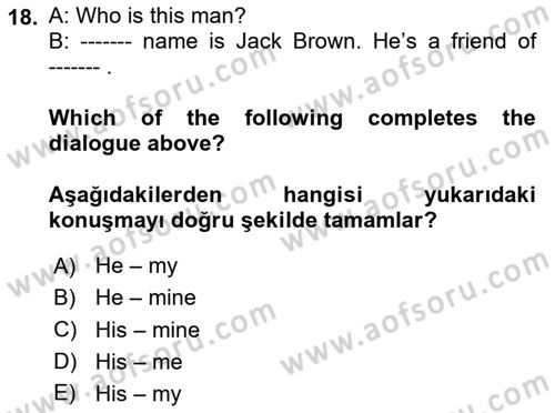 İngilizce 2 Dersi 2023 - 2024 Yılı (Final) Dönem Sonu Sınav Soruları 18. Soru