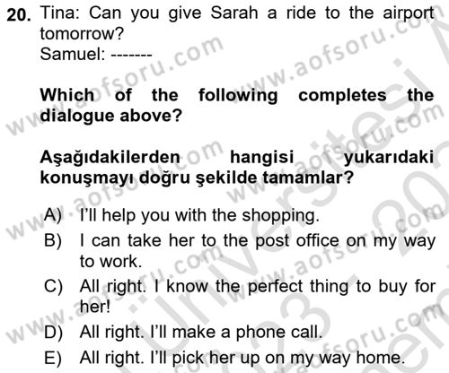 İngilizce 2 Dersi 2023 - 2024 Yılı (Final) Dönem Sonu Sınav Soruları 20. Soru