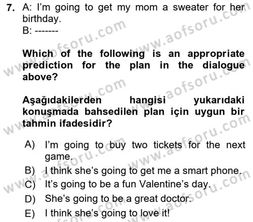 İngilizce 2 Dersi 2023 - 2024 Yılı (Final) Dönem Sonu Sınav Soruları 7. Soru