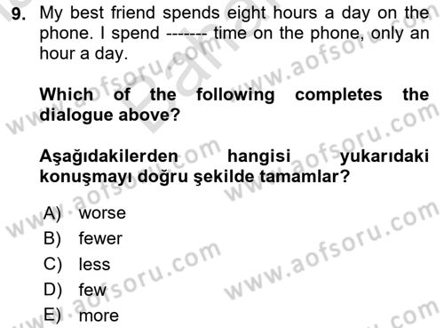 İngilizce 2 Dersi 2023 - 2024 Yılı (Final) Dönem Sonu Sınav Soruları 9. Soru