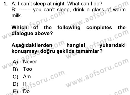 İngilizce 2 Dersi 2023 - 2024 Yılı Yaz Okulu Sınav Soruları 1. Soru