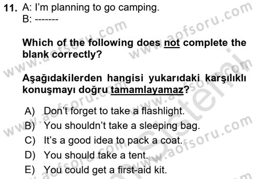 İngilizce 2 Dersi 2023 - 2024 Yılı Yaz Okulu Sınav Soruları 11. Soru