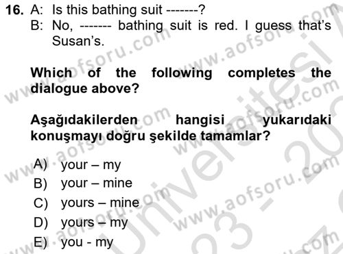İngilizce 2 Dersi 2023 - 2024 Yılı Yaz Okulu Sınav Soruları 16. Soru