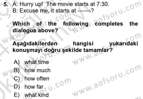 İngilizce 2 Dersi 2023 - 2024 Yılı Yaz Okulu Sınav Soruları 5. Soru