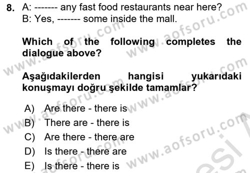İngilizce 2 Dersi 2023 - 2024 Yılı Yaz Okulu Sınav Soruları 8. Soru