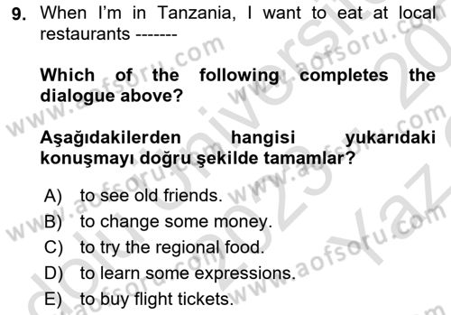 İngilizce 2 Dersi 2023 - 2024 Yılı Yaz Okulu Sınav Soruları 9. Soru