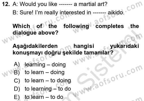 İngilizce 2 Dersi 2024 - 2025 Yılı (Vize) Ara Sınav Soruları 12. Soru