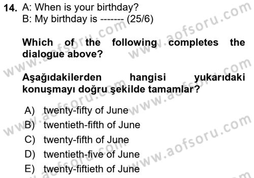 İngilizce 2 Dersi 2024 - 2025 Yılı (Vize) Ara Sınav Soruları 14. Soru