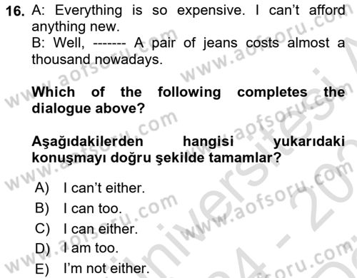 İngilizce 2 Dersi 2024 - 2025 Yılı (Vize) Ara Sınav Soruları 16. Soru