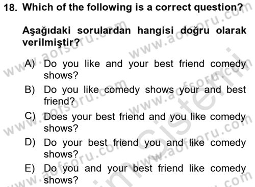 İngilizce 2 Dersi 2024 - 2025 Yılı (Vize) Ara Sınav Soruları 18. Soru