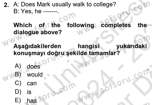 İngilizce 2 Dersi 2024 - 2025 Yılı (Vize) Ara Sınav Soruları 2. Soru