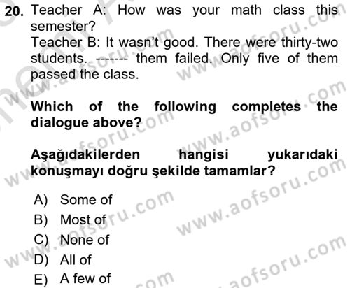 İngilizce 2 Dersi 2024 - 2025 Yılı (Vize) Ara Sınav Soruları 20. Soru