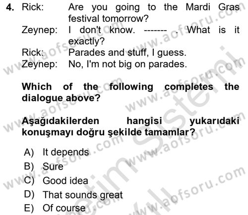 İngilizce 2 Dersi 2024 - 2025 Yılı (Vize) Ara Sınav Soruları 4. Soru