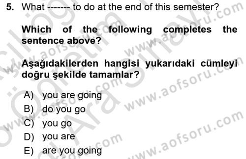 İngilizce 2 Dersi 2024 - 2025 Yılı (Vize) Ara Sınav Soruları 5. Soru