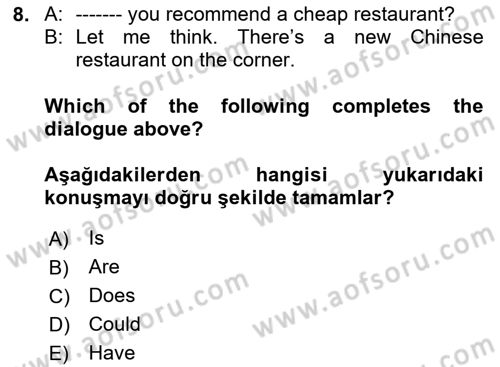 İngilizce 2 Dersi 2024 - 2025 Yılı (Vize) Ara Sınav Soruları 8. Soru