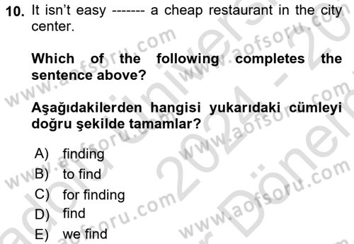 İngilizce 2 Dersi 2024 - 2025 Yılı (Final) Dönem Sonu Sınav Soruları 10. Soru