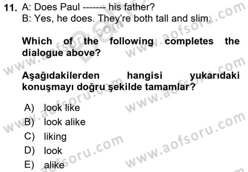 İngilizce 2 Dersi 2024 - 2025 Yılı (Final) Dönem Sonu Sınav Soruları 11. Soru