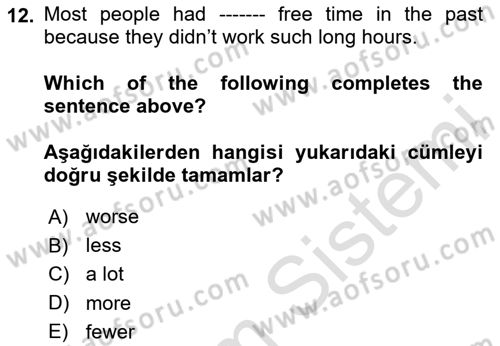 İngilizce 2 Dersi 2024 - 2025 Yılı (Final) Dönem Sonu Sınav Soruları 12. Soru