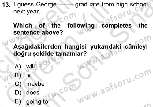 İngilizce 2 Dersi 2024 - 2025 Yılı (Final) Dönem Sonu Sınav Soruları 13. Soru