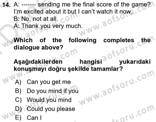 İngilizce 2 Dersi 2024 - 2025 Yılı (Final) Dönem Sonu Sınav Soruları 14. Soru