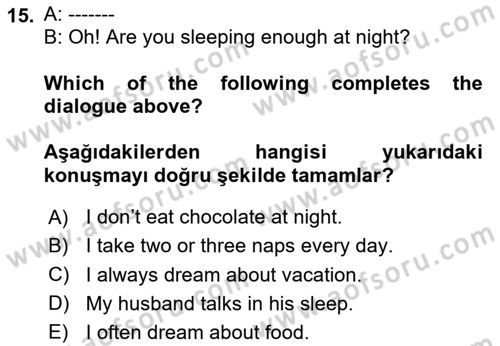 İngilizce 2 Dersi 2024 - 2025 Yılı (Final) Dönem Sonu Sınav Soruları 15. Soru