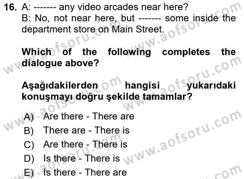 İngilizce 2 Dersi 2024 - 2025 Yılı (Final) Dönem Sonu Sınav Soruları 16. Soru