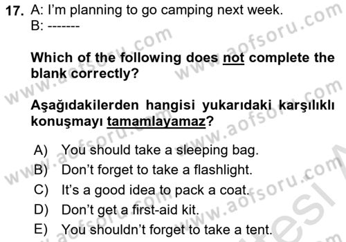 İngilizce 2 Dersi 2024 - 2025 Yılı (Final) Dönem Sonu Sınav Soruları 17. Soru