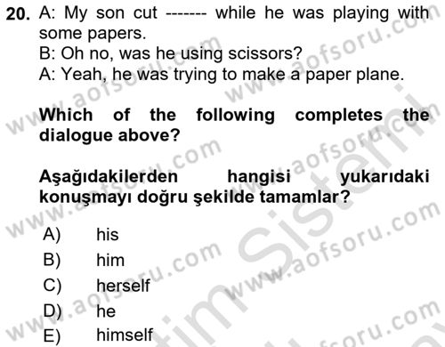 İngilizce 2 Dersi 2024 - 2025 Yılı (Final) Dönem Sonu Sınav Soruları 20. Soru