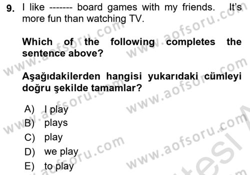 İngilizce 2 Dersi 2024 - 2025 Yılı (Final) Dönem Sonu Sınav Soruları 9. Soru