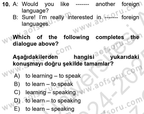 İngilizce 2 Dersi 2024 - 2025 Yılı Yaz Okulu Sınav Soruları 10. Soru