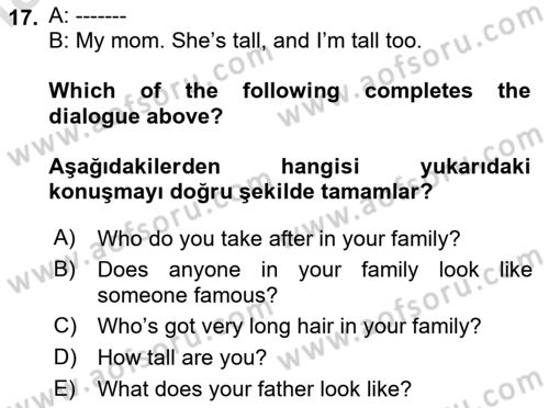 İngilizce 2 Dersi 2024 - 2025 Yılı Yaz Okulu Sınav Soruları 17. Soru