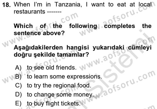 İngilizce 2 Dersi 2024 - 2025 Yılı Yaz Okulu Sınav Soruları 18. Soru