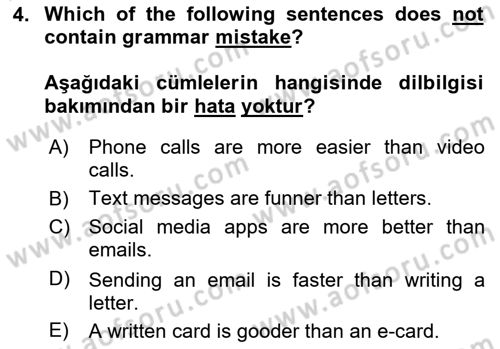 İngilizce 2 Dersi 2024 - 2025 Yılı Yaz Okulu Sınav Soruları 4. Soru