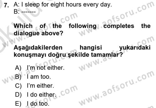 İngilizce 2 Dersi 2024 - 2025 Yılı Yaz Okulu Sınav Soruları 7. Soru