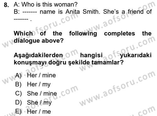 İngilizce 2 Dersi 2024 - 2025 Yılı Yaz Okulu Sınav Soruları 8. Soru