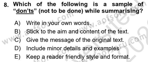 Communication Skills And Academic Reporting 1 Dersi 2022 - 2023 Yılı (Final) Dönem Sonu Sınav Soruları 8. Soru