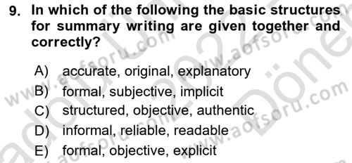 Communication Skills And Academic Reporting 1 Dersi 2022 - 2023 Yılı (Final) Dönem Sonu Sınavı 9. Soru