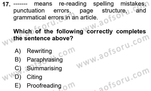 Communication Skills And Academic Reporting 1 Dersi 2022 - 2023 Yılı Yaz Okulu Sınav Soruları 17. Soru
