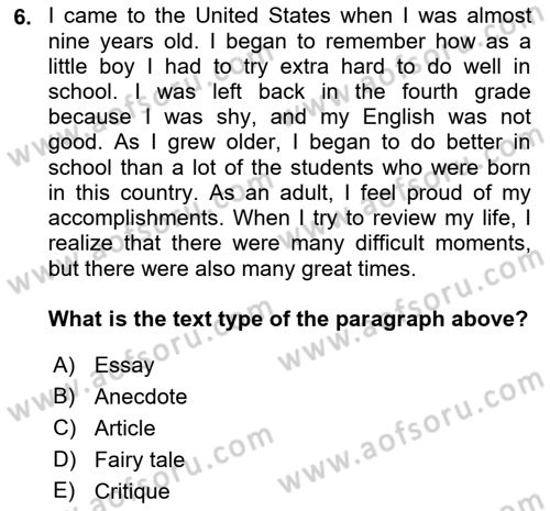 Communication Skills And Academic Reporting 1 Dersi 2023 - 2024 Yılı (Vize) Ara Sınav Soruları 6. Soru