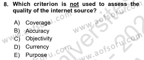 Communication Skills And Academic Reporting 1 Dersi 2023 - 2024 Yılı (Vize) Ara Sınav Soruları 8. Soru