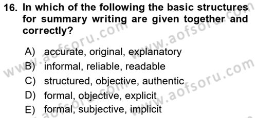 Communication Skills And Academic Reporting 1 Dersi 2023 - 2024 Yılı (Final) Dönem Sonu Sınav Soruları 16. Soru