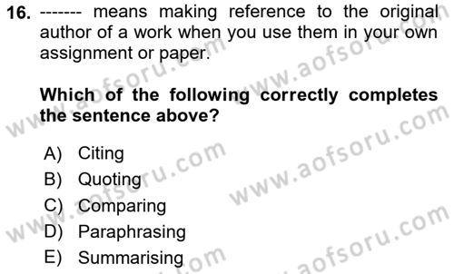 Communication Skills And Academic Reporting 1 Dersi 2023 - 2024 Yılı Yaz Okulu Sınav Soruları 16. Soru