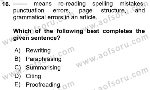 Communication Skills And Academic Reporting 1 Dersi 2024 - 2025 Yılı (Final) Dönem Sonu Sınav Soruları 16. Soru
