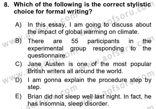 Communication Skills And Academic Reporting 1 Dersi 2024 - 2025 Yılı (Final) Dönem Sonu Sınav Soruları 8. Soru
