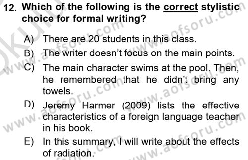 Communication Skills And Academic Reporting 1 Dersi 2024 - 2025 Yılı Yaz Okulu Sınav Soruları 12. Soru
